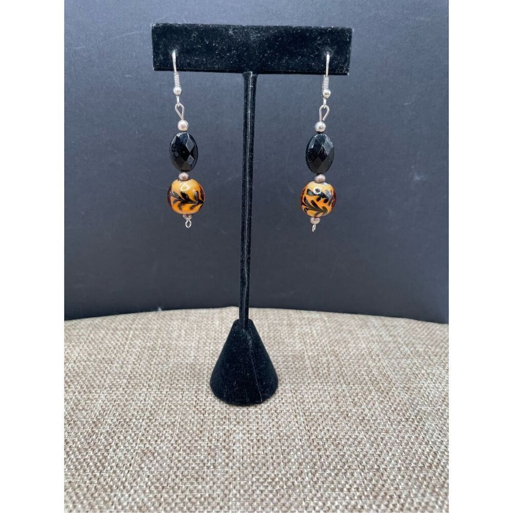 Vintage Lampwork Earrings Light Orange Black Swirls Glass Dangling Beaded Grandm